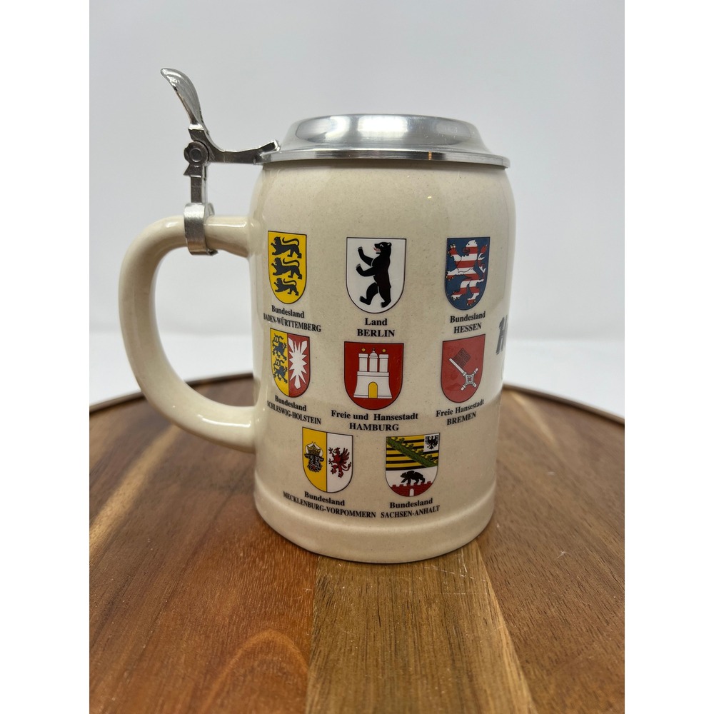 Beer Stein Hard Rock Ceramic with Pewter Lid German‎ Coat of Arms